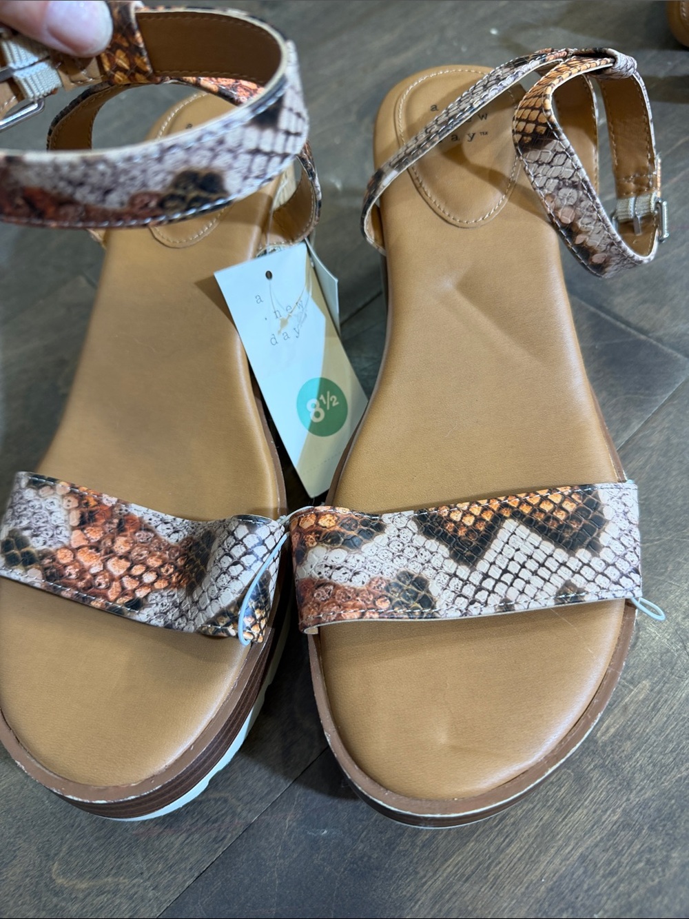 a new day Tan and Brown Snake-Print Ankle Strap Sandals